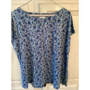 J. Jill 100% Linen Floral Top Blouse Sz XL Scoop Neck Stretch